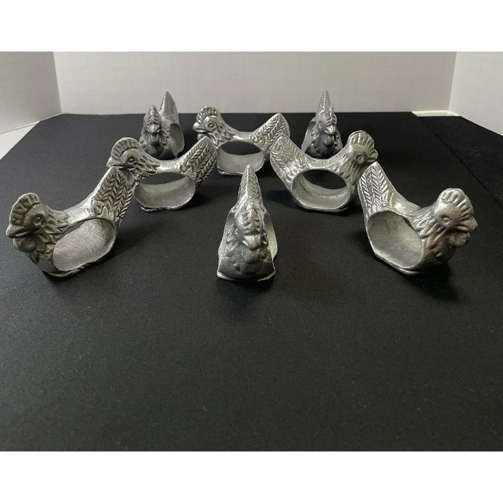 Vintage 1970s Set of 8 Pewter Chicken Rooster Napkin Rings French Country Rustic